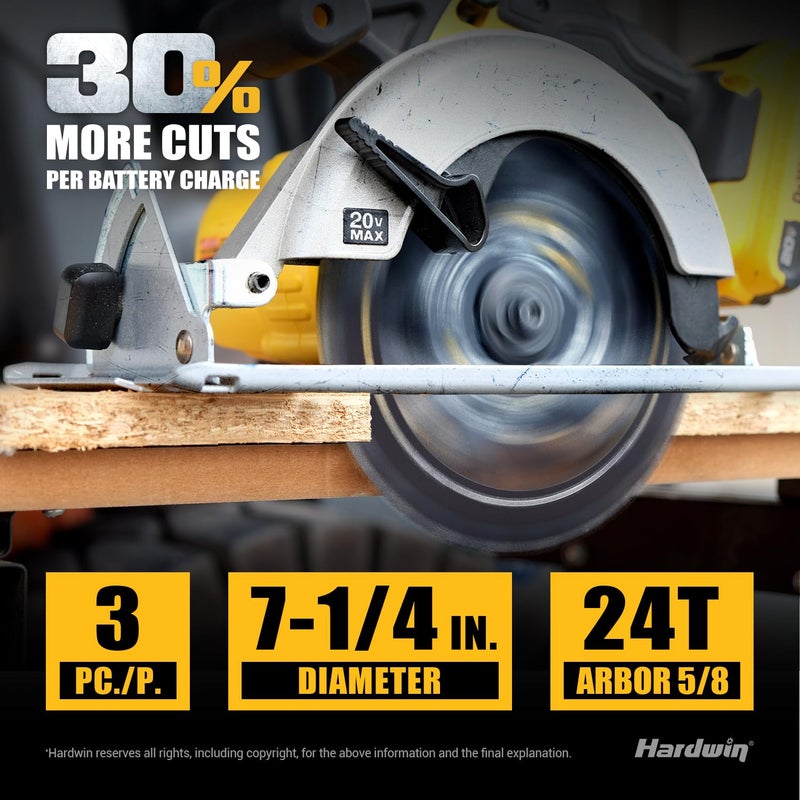 HARDWIN 7 1/4 Inch Framing Circular Saw Blade-3Pack, 24T ATB Carbide Teeth, Lightweight for Cordless Saws. Super Thin Kerf for Cutting Wood, Plywood, MDF, OSB, Hardwood, Softwood & More. - Image 3